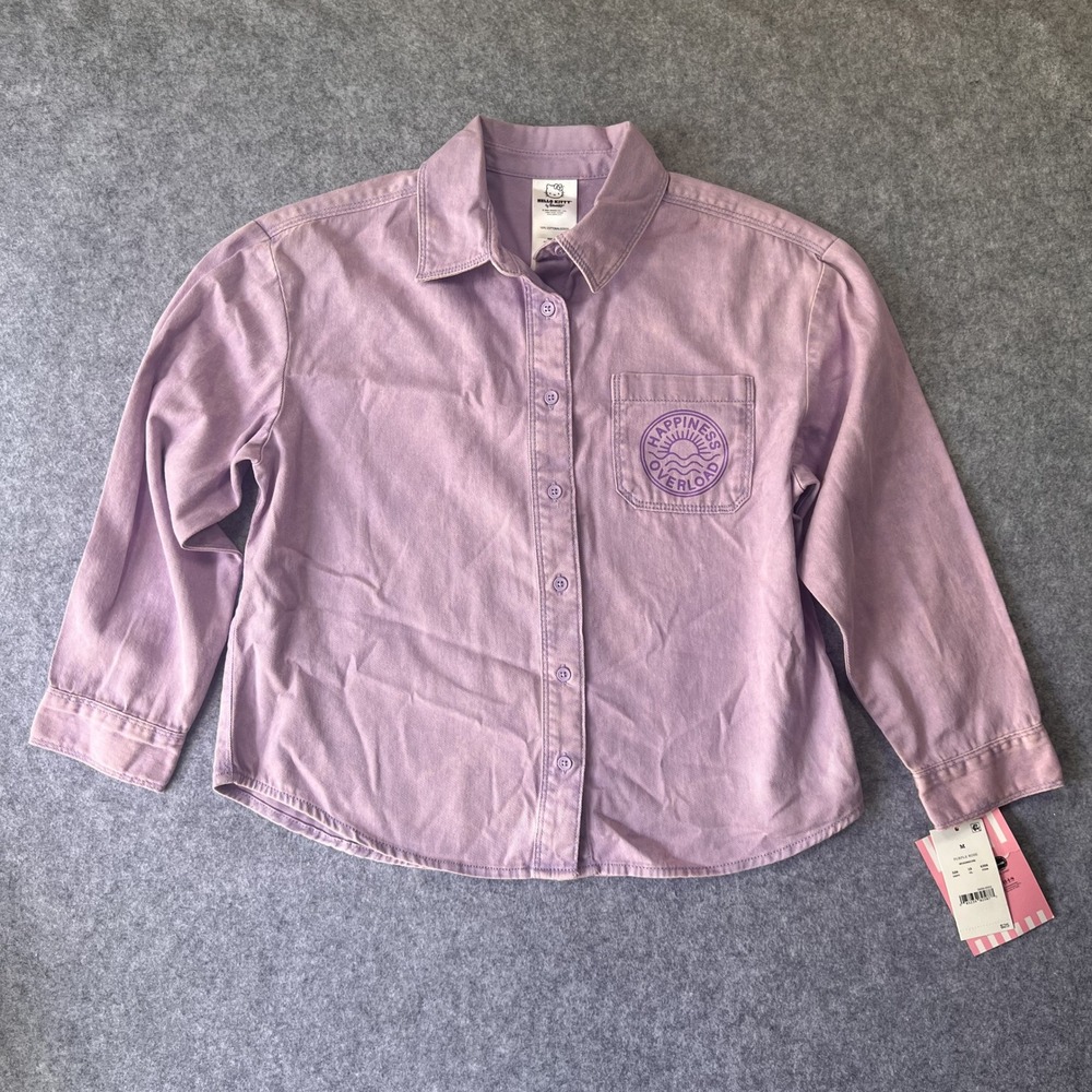 Hello Kitty Sanrio Button Down Shirt M Purple Rose Graphic Back Cotton